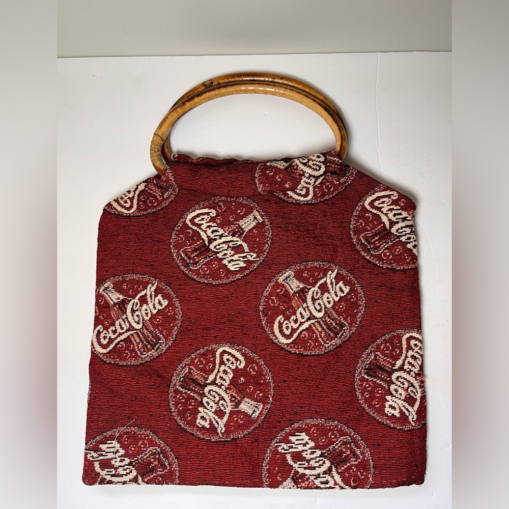 Coca Cola Fabric Tote Handbag Wooden Handles Handmade Hook & Loop Red and‎ White